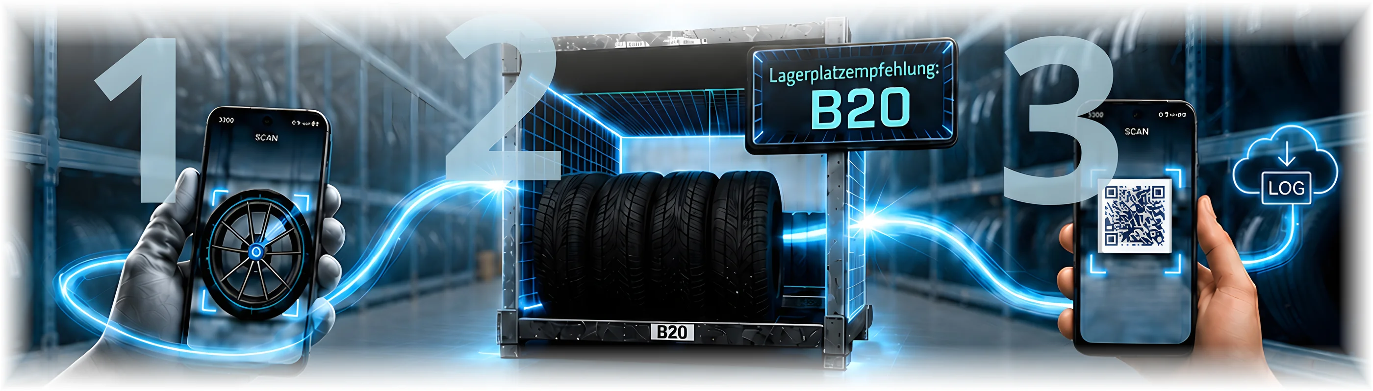 EasyTire in drei Schritten: KI-Scan der Reifendaten, automatische Lagerplatz-Empfehlung B20, Radsatz per QR-Code wiederfinden